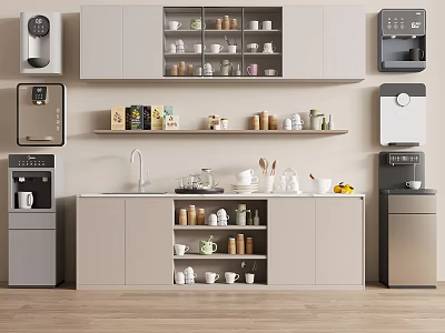 Modern Kitchen Featuring Daily Electrical Appliances Coffee Machine Water Dispenser And Storage Cabinets 3d model
