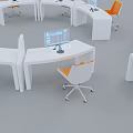 Modern Office Desk And Chair Set With White Tables Orange Blue Chairs And Computers