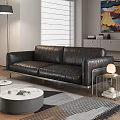 Modern Black Leather Sofa And Round Coffee Table Set With Metal Legs In Living Room