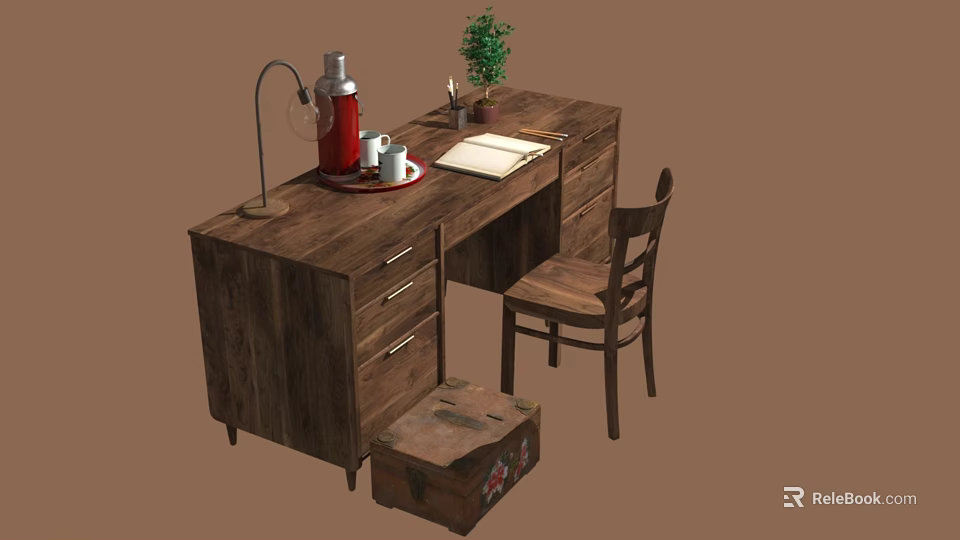 Wooden Writing Desk With Chair Red Kettle Lamp Plant Notebook And Storage Box 3d model 