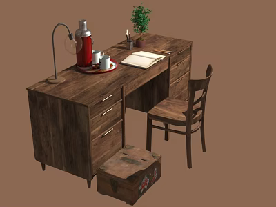 Wooden Writing Desk With Chair Red Kettle Lamp Plant Notebook And Storage Box 3d model