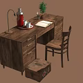 Wooden Writing Desk With Chair Red Kettle Lamp Plant Notebook And Storage Box