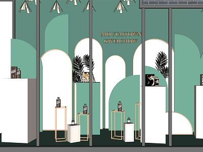 Elegant Modern Store Window Display with Green Background Arched Design and Decorative Shelves 3d model