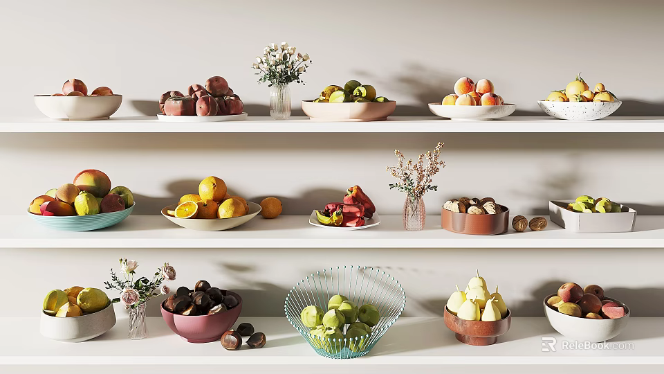 Fresh Assorted Fruits in Colorful Bowls on Wooden Shelves with Small Flowers 3d model 