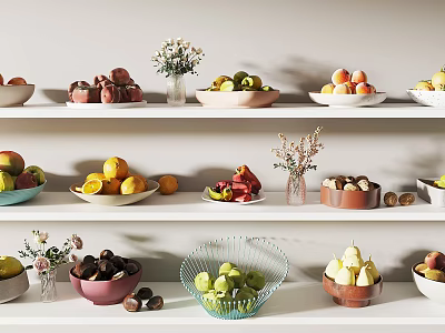 Fresh Assorted Fruits in Colorful Bowls on Wooden Shelves with Small Flowers 3d model