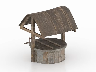 Traditional Village Well With Wooden Sloped Roof And Stone Circular Base 3d model
