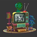 Colorful Cartoon Scene Featuring Vintage TV Fan Lamp Plant And Pizza Box