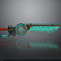Futuristic Chainsaw With Glowing Green Crystal Blade Red Black Handle Intricate Patterns And Dark Reflection