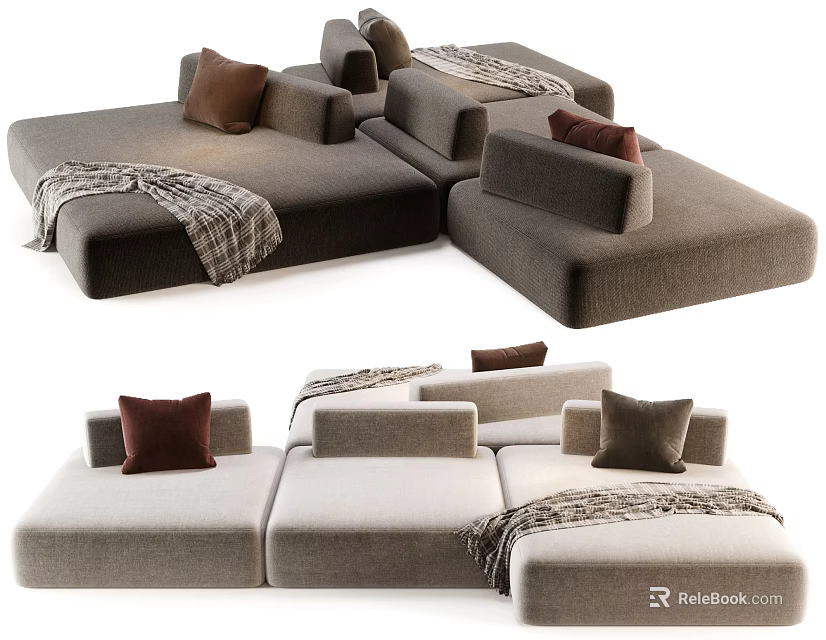 Comfortable Sectional Multi Seater Sofa with Soft Cushions and Throw Blankets in Neutral Tones 3d model