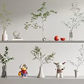 Stylish Vases With Fresh Leafy Branches On Shelves Including Red Fruits Geometric Sculptures And Dolls