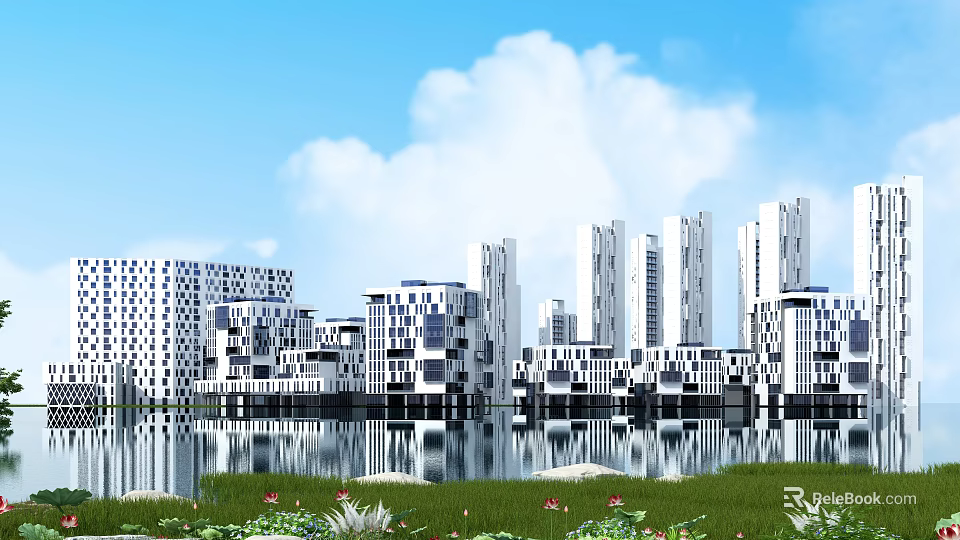 Modern High rise Residential Buildings By Lakeside With Glass Curtain Walls Greenery And Water Reflections 3d model 