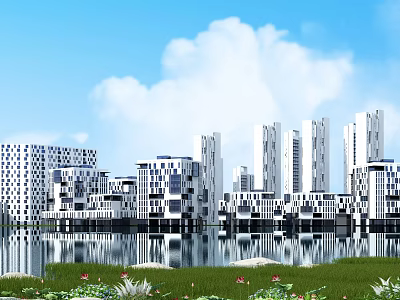 Modern High rise Residential Buildings By Lakeside With Glass Curtain Walls Greenery And Water Reflections 3d model