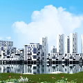 Modern High rise Residential Buildings By Lakeside With Glass Curtain Walls Greenery And Water Reflections