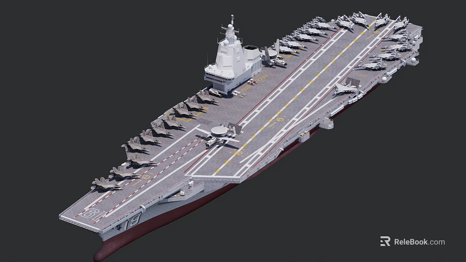 Large Aircraft Carrier Naval Ship with Fighter Jets on Flight Deck and Command Tower 3d model 