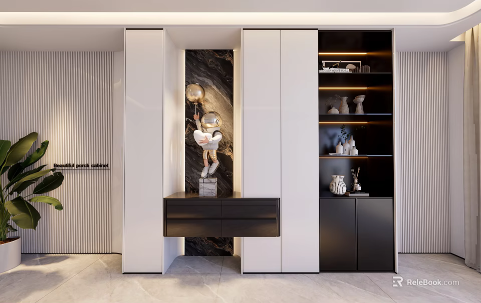 Modern Entryway Hallway Interior Design With Storage Cabinets Console Table And Decorative Sculptures 3d model 