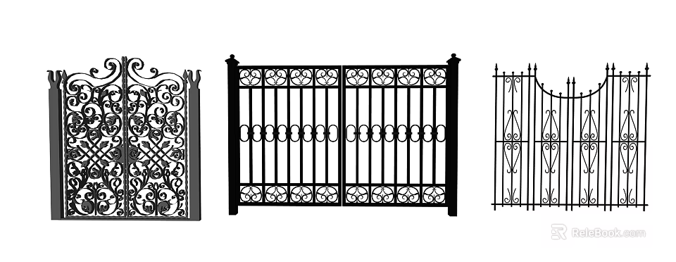 Wrought Iron Double Door Gate With Ornate Patterns And Classic Railing Design 3d model 