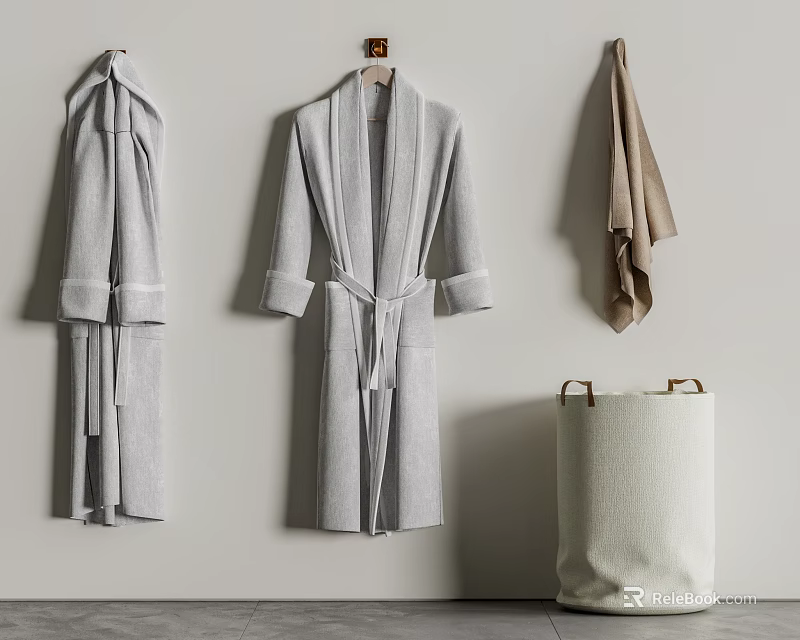 Cozy Soft Gray Robes Hanging On Wall With Beige Laundry Basket 3d model 