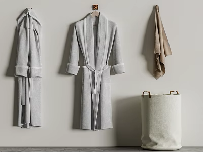 Cozy Soft Gray Robes Hanging On Wall With Beige Laundry Basket 3d model