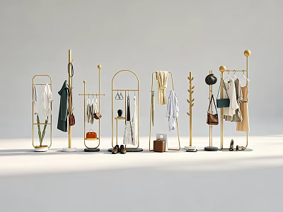 Stylish Clothes Display with Gold Racks Hanging Dresses Shirts and Accessories 3d model