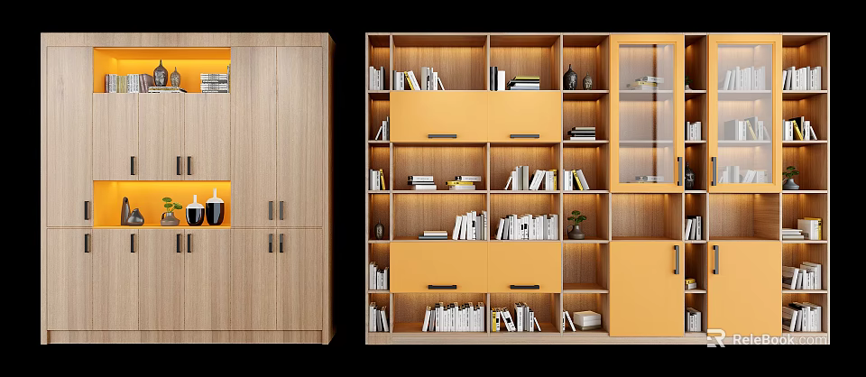 Modern Light Wood Bookcase With Open Shelves Yellow Drawers And Glass Doors 3d model 