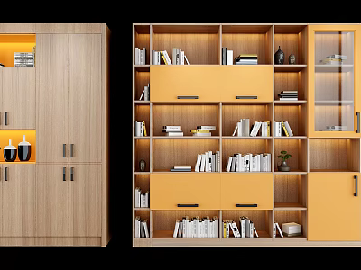 Modern Light Wood Bookcase With Open Shelves Yellow Drawers And Glass Doors 3d model