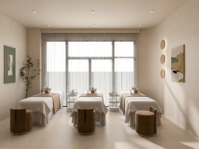 Beauty Salon Treatment Space With Bright Interior Comfortable Beds Side Stools And Decorative Artworks 3d model