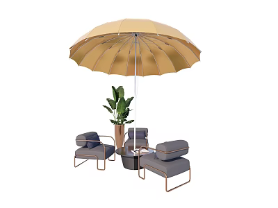 Outdoor Table and Chairs Set with Beige Umbrella Gray Chairs and Green Plant 3d model