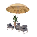 Outdoor Table and Chairs Set with Beige Umbrella Gray Chairs and Green Plant