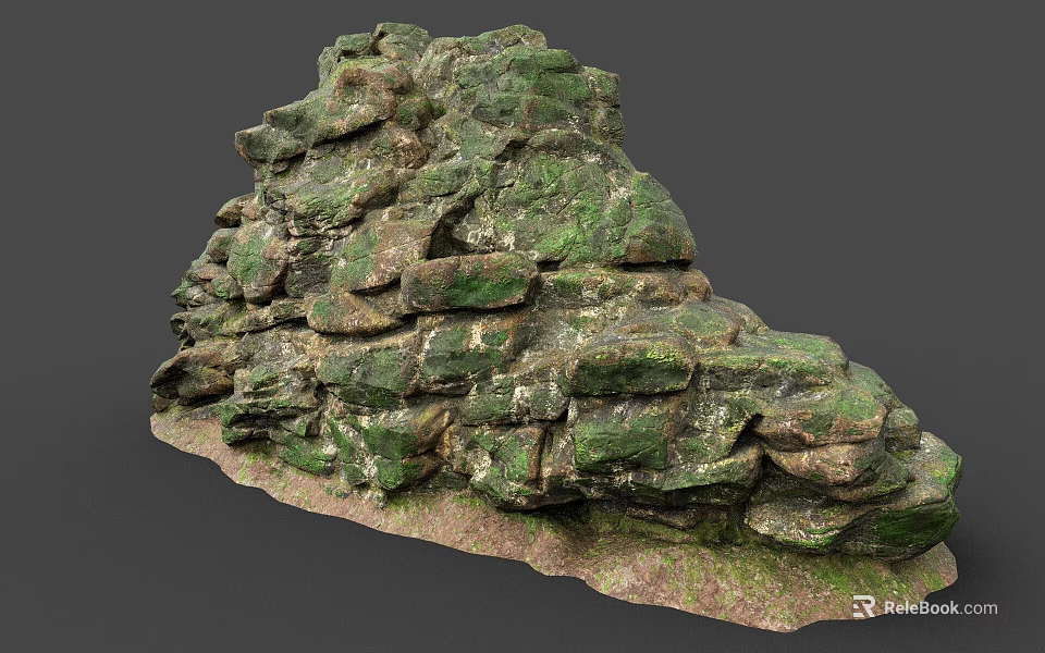Natural Stacked Stone Covered With Green Moss On Earthy Sand Base For Rustic Decor 3d model 