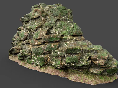 Natural Stacked Stone Covered With Green Moss On Earthy Sand Base For Rustic Decor 3d model