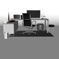 Modern Office Desk With Black Monitor Laptop Office Chair Stool And Storage Cabinet