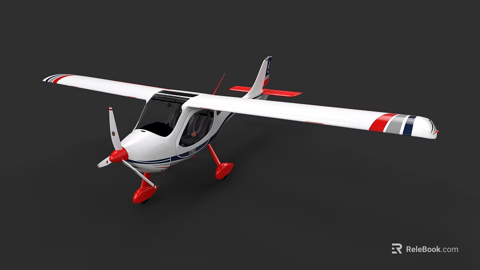 White Small Airplane With Red Propeller Landing Gear And Blue Stripes 3d model 