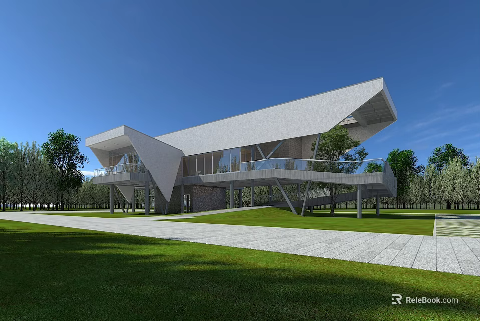 Modern Geometric Architectural Building With White Exterior And Glass Windows In Green Lawn 3d model 