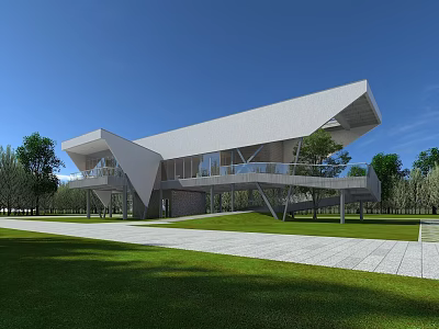 Modern Geometric Architectural Building With White Exterior And Glass Windows In Green Lawn 3d model