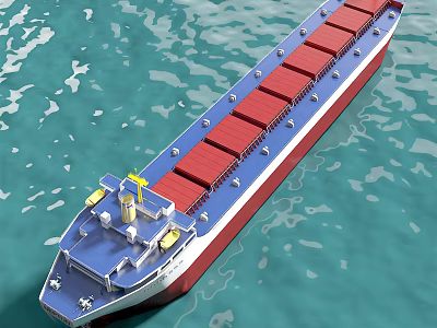 Wooden Cargo Ship With Red Containers Sailing On Calm Blue Water 3d model