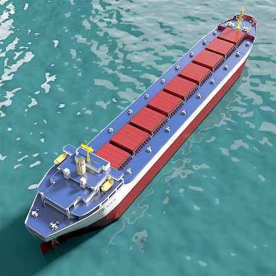 Wooden Cargo Ship With Red Containers Sailing On Calm Blue Water 3d model