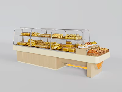 Modern Wooden Bakery Bread Display Shelf With Clear Glass Cover For Showcasing Various Fresh Breads 3d model