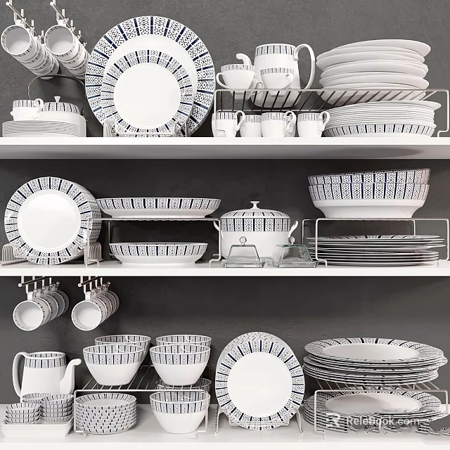 Stylish Patterned Dinnerware Set With Plates Mugs Bowls On Display Shelves 3d model 