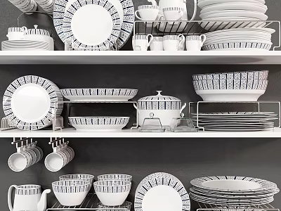 Stylish Patterned Dinnerware Set With Plates Mugs Bowls On Display Shelves 3d model