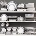 Stylish Patterned Dinnerware Set With Plates Mugs Bowls On Display Shelves