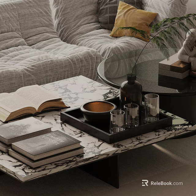 Modern Sofa Coffee Table Set with Marble Top Open Books Tray Glasses and Green Plant 3d model 