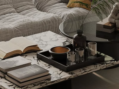 Modern Sofa Coffee Table Set with Marble Top Open Books Tray Glasses and Green Plant 3d model