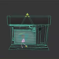 Gray Building Structure With Yellow Triangle Red Cartoon Figure And Area 51 Roll Up Door
