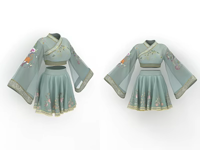 Light Green Traditional Hanfu Set With Embroidered Flared Sleeves And Skirt 3d model