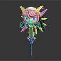 Chibi Game Character With Golden Horns Blonde Hair Blue White Outfit Back Wings Playful Expression