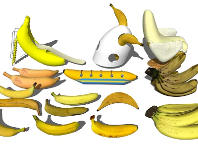 Various Fresh Ripe Bananas Showing Peeled Sliced Whole And Bunch Forms 3d model