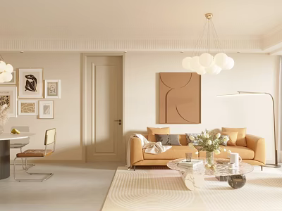 Warm Modern Living And Dining Room Interior With Beige Sofa Dining Table Artworks And Rug 3d model
