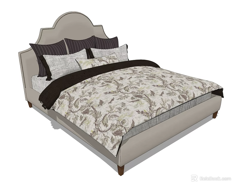 Double Bed With Upholstered Headboard Floral Bedding Multiple Pillows And Dark Trim 3d model