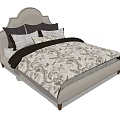Double Bed With Upholstered Headboard Floral Bedding Multiple Pillows And Dark Trim 3d model