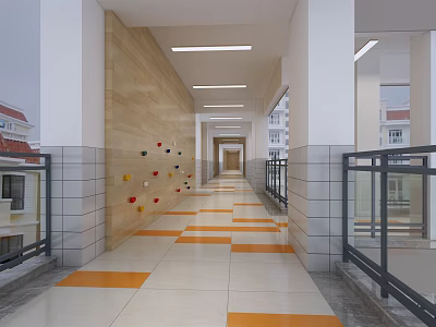 Office Corridor With Orange And White Striped Flooring Colorful Dots White Pillars Long Lights And Railings 3d model